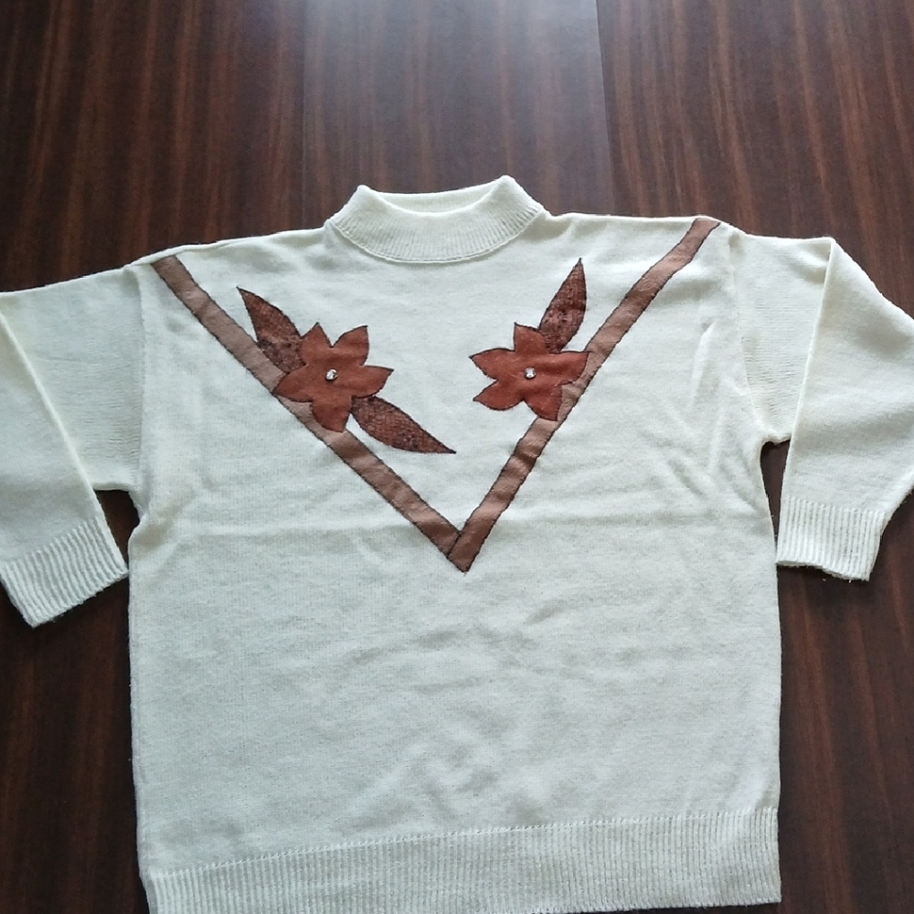 Elegant Cream and Brown Floral Women's Turtleneck Sweater (Sassy Sport)